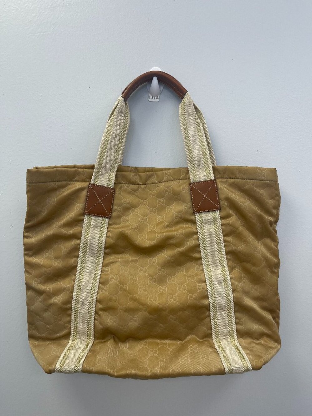 Gucci Vintage GG Monogram Tote - Gold Nylon Stitching & Leather Handles-Preowned